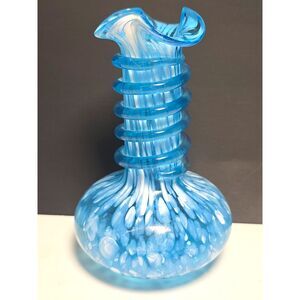 Vtg. Blue White Spatter Art Glass Bud Vase Applied Glass Wrap Hand Blown Ruffle